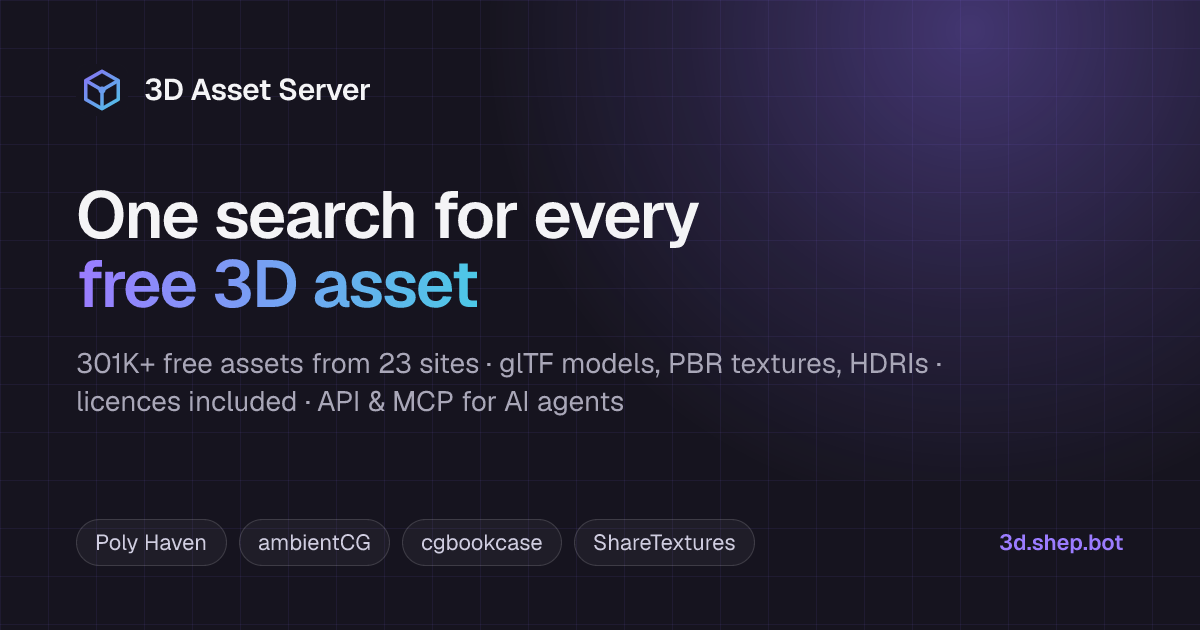 3D Asset Server web UI showing unified search across 23 asset sites